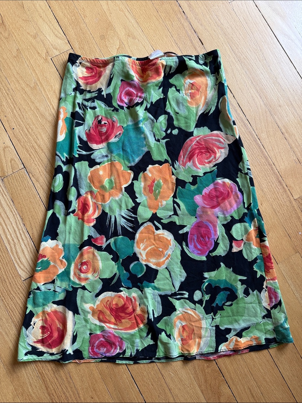 Vintage Floral Black Midi Skirt with Multicolor Roses